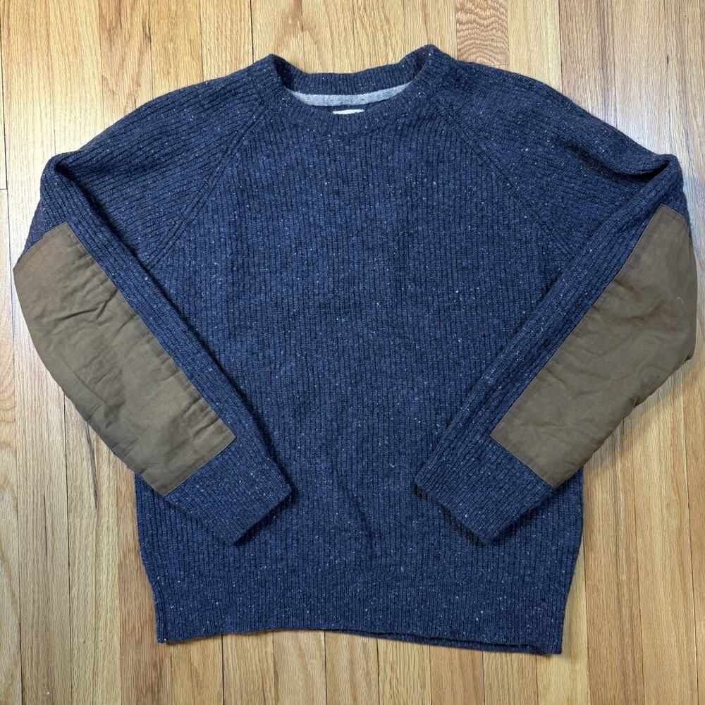 Flint And Tinder Highlands Guide Sweater Blue Speckled Wool Elbow Patch Mens L